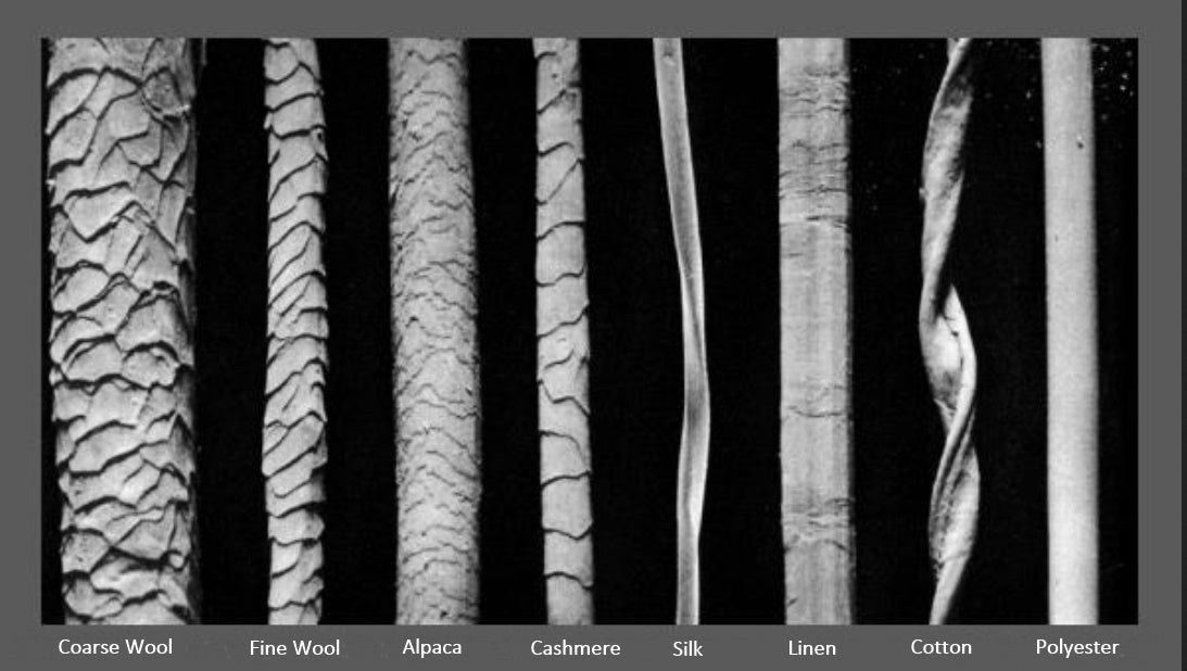 An image of different fibres taken withan electrron microscope. Showing: sheeps wool, fine wool, alpaca wool, cashmere wool, silk and linen