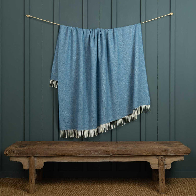Topaz Blue Shetland Wool Throw, Herringbone pattern, cream fringing, size is 140 CMS by 185 CMS.