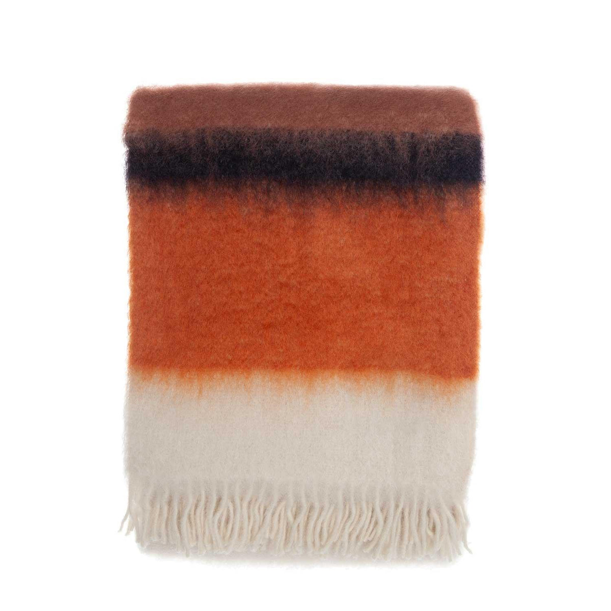 A beautifully woven blanket with rows of bursts of orange, browns and cream colours, finished with a cream tasselled fringe. Size 130 x 200 CMS.