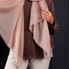 Luxuriously soft merino and silk shawl in rose gold twill weave with a soft fine fringe generous size light and airy beautifully warm best-quality