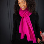 Luxuriously soft merino and silk shawl in fuchsia twill weave with a soft fine fringe generous size light and airy beautifully warm best-quality By The Wool Company