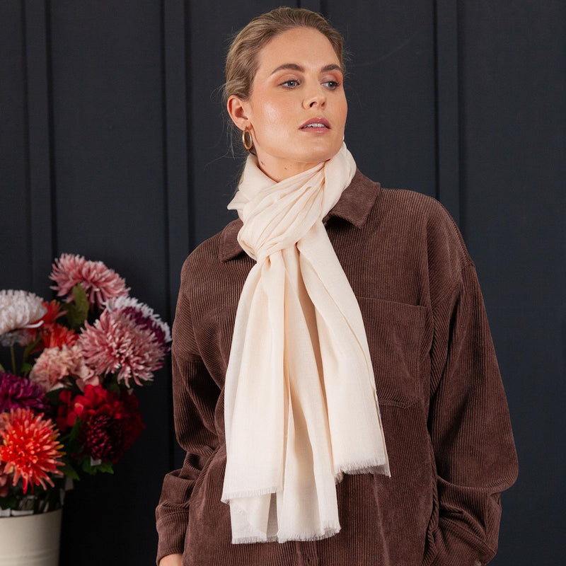 Luxuriously soft Merino and Silk shawl in oyster twill weave with a soft fine fringe generous size light and airy beautifully warm best-quality By The Wool Company