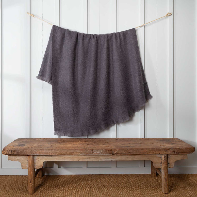 Mohair Throw in Dark Grey with a fringe top and bottom, size is 130 CMS by 180 CMS.