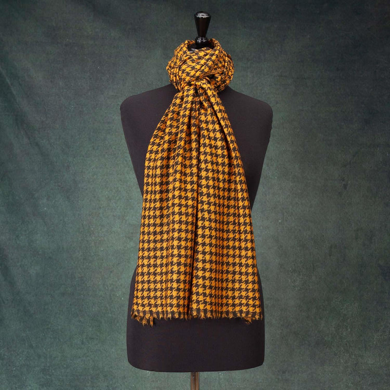 Luxurious golden yellow and black hand-dyed Houndstooth Merino wool and Silk blend shawl. 70 X 200 CMS.