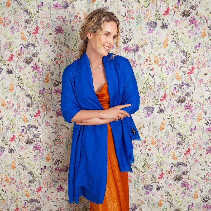 Luxe merino silk shawl in lapis blue, very soft and elegant, suitable for all occasions. Size is 90 CMS by 190 CMS.