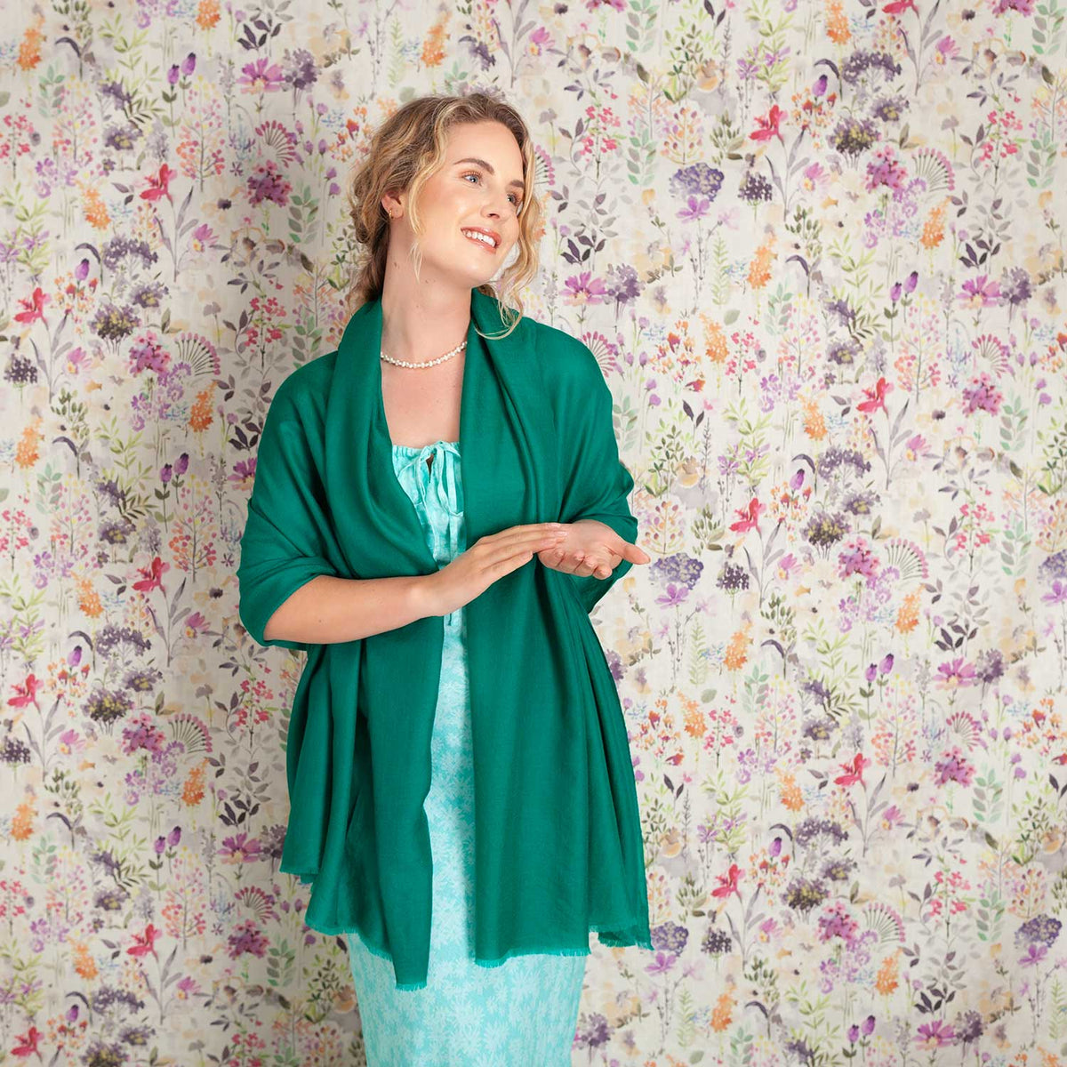 Luxe Merino Silk Shawl in Emerald, this twill weave shawl is very elegant but also lovely for casual wear, light, floaty, warm, and a generous size.
