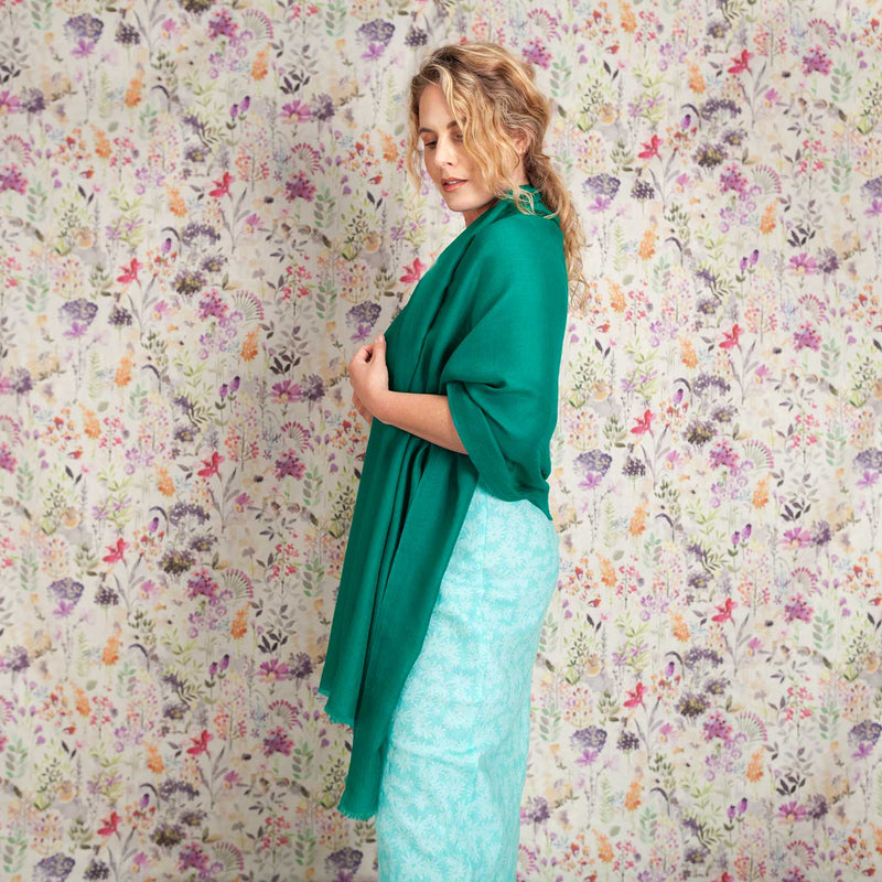 Luxe Merino Silk Shawl in Emerald, this twill weave shawl is very elegant but also lovely for casual wear, light, floaty, warm, and a generous size.
