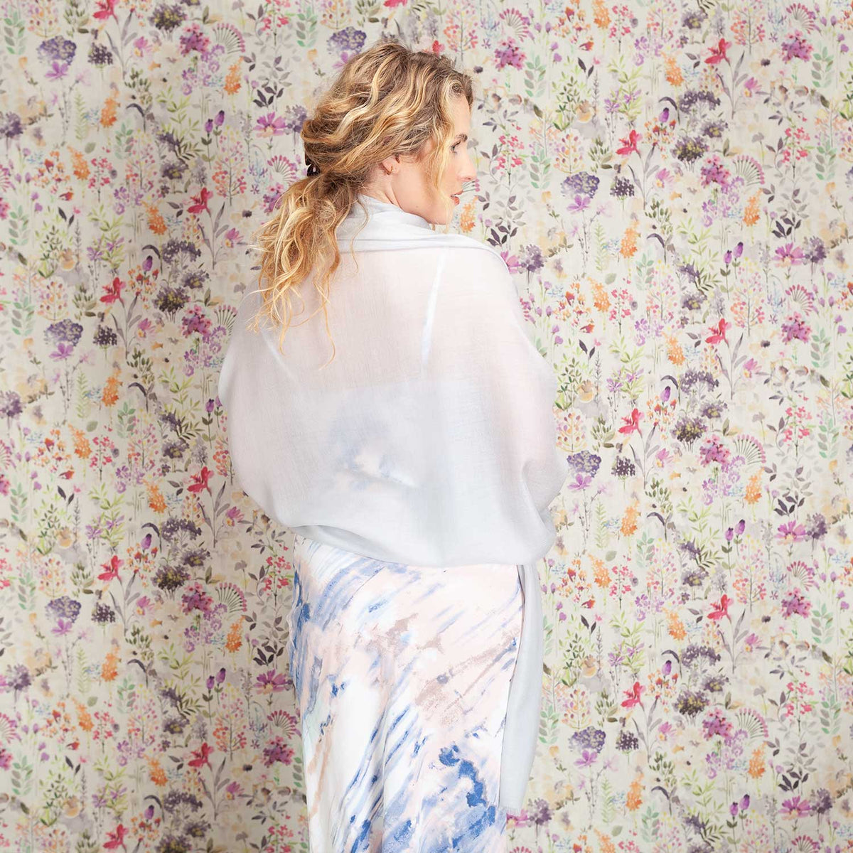 Luxe Merino Silk Shawl in Silver, this twill weave shawl is very elegant but also lovely for casual wear, light, floaty, warm, and a generous size.