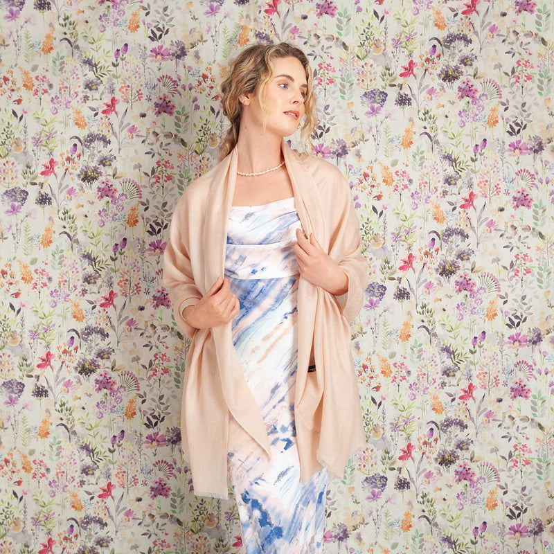 Luxe merino silk shawl in Latte colour, fine,  lightweight and elegant shawl with short soft fringe. size is 90 CMS by 190 CMS.