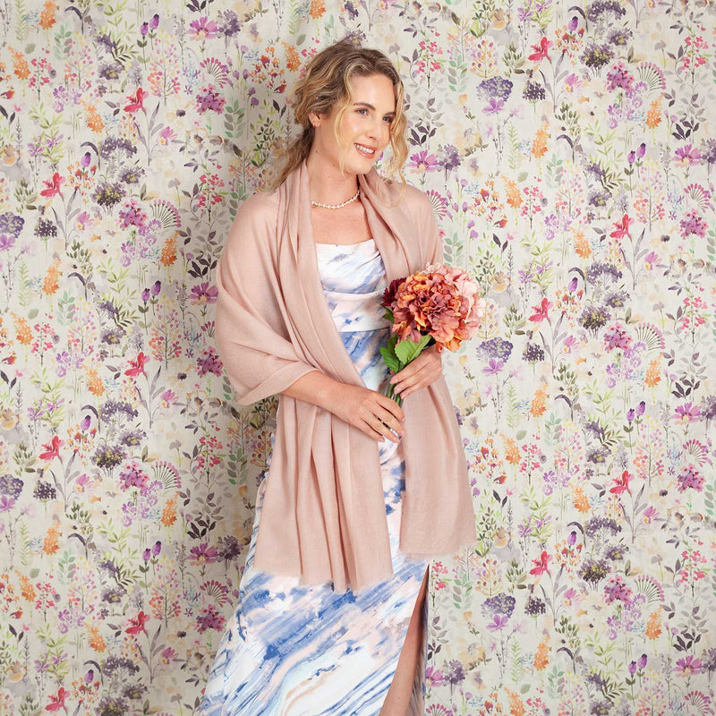 Luxe Merino Silk Shawl in a subtle, beautiful rose gold colour, this twill weave shawl is very elegant but also lovely for casual wear, light, floaty and warm.