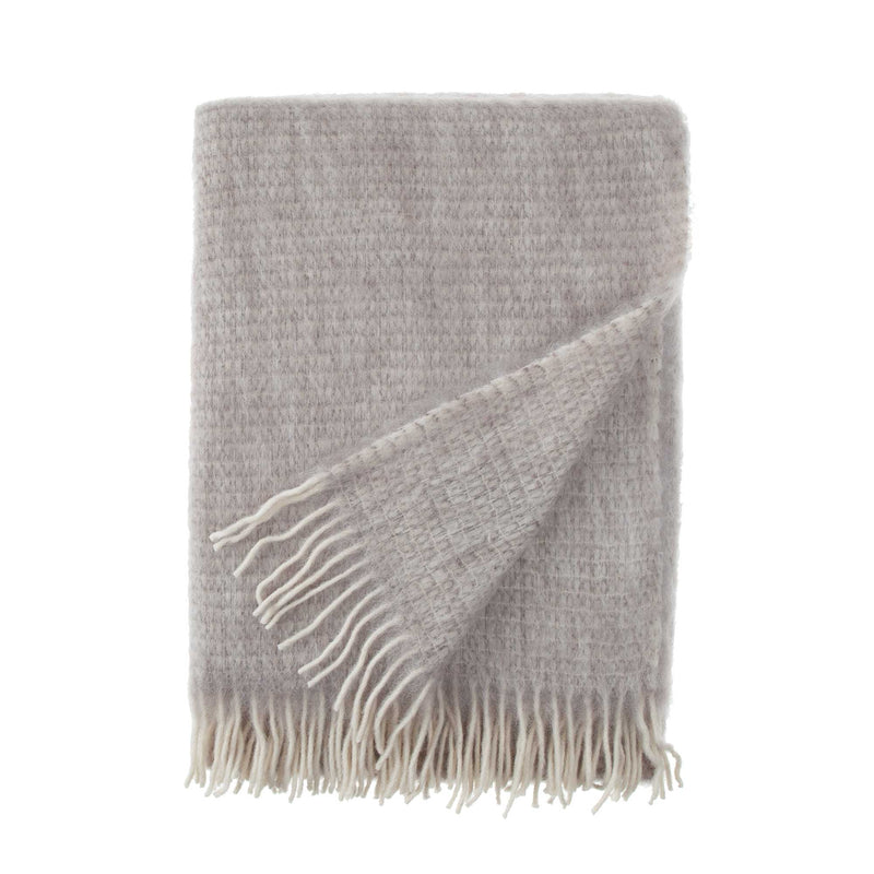 Mohair blend throw lightweight ultra soft & warm cream & beige in a plaid weave & brown tasselled fringe By The Wool Company