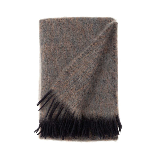 Mohair blend throw lightweight ultra soft & warm tones of brown grey & black plaid weave tasselled fringe By The Wool Company