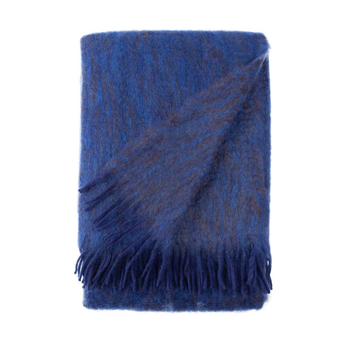 Mohair blend throw lightweight ultra soft & warm deep blue & black tones in plaid weave tasselled fringe By The wool Company