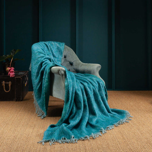 Mohair blend throw lightweight ultra soft & warm coastal blues & greens in a plaid weave with a tasselled fringe 130 x 200 cm