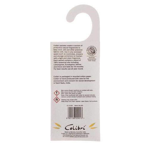 Colibri Natural Anti-Moth Hanging Wardrobe Sachet in Lemongrass -  - Wool Care  from The Wool Company