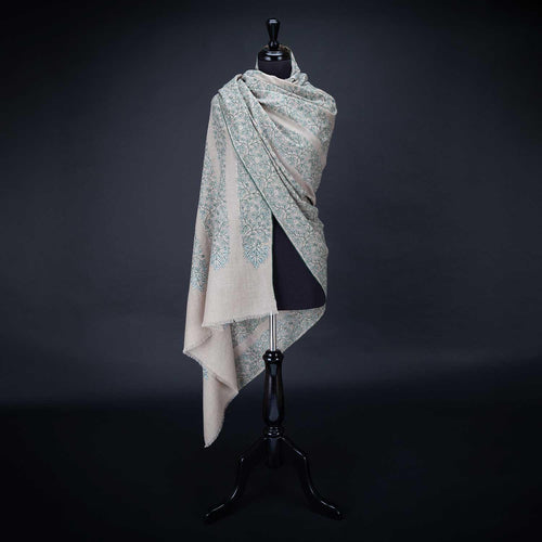 Hand-crafted 100% cashmere pashmina embroidered stripes white & dark green thread on neutral background By The Wool Company