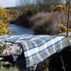 Dress Stewart muted blue tartan picnic rug olive green damp proof backing 100% pure new wool made in Scotland top-quality