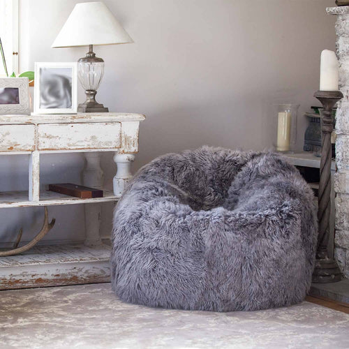 Large size boho chic sheepskin bean bag super-soft, thick & luxurious Yeti longwool fleece in pewter grey By The Wool Company