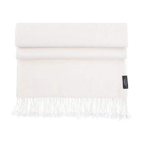 Genuine 100% cashmere pashmina in off-white with tasselled fringe soft lightweight & warm finest-quality By The Wool Company