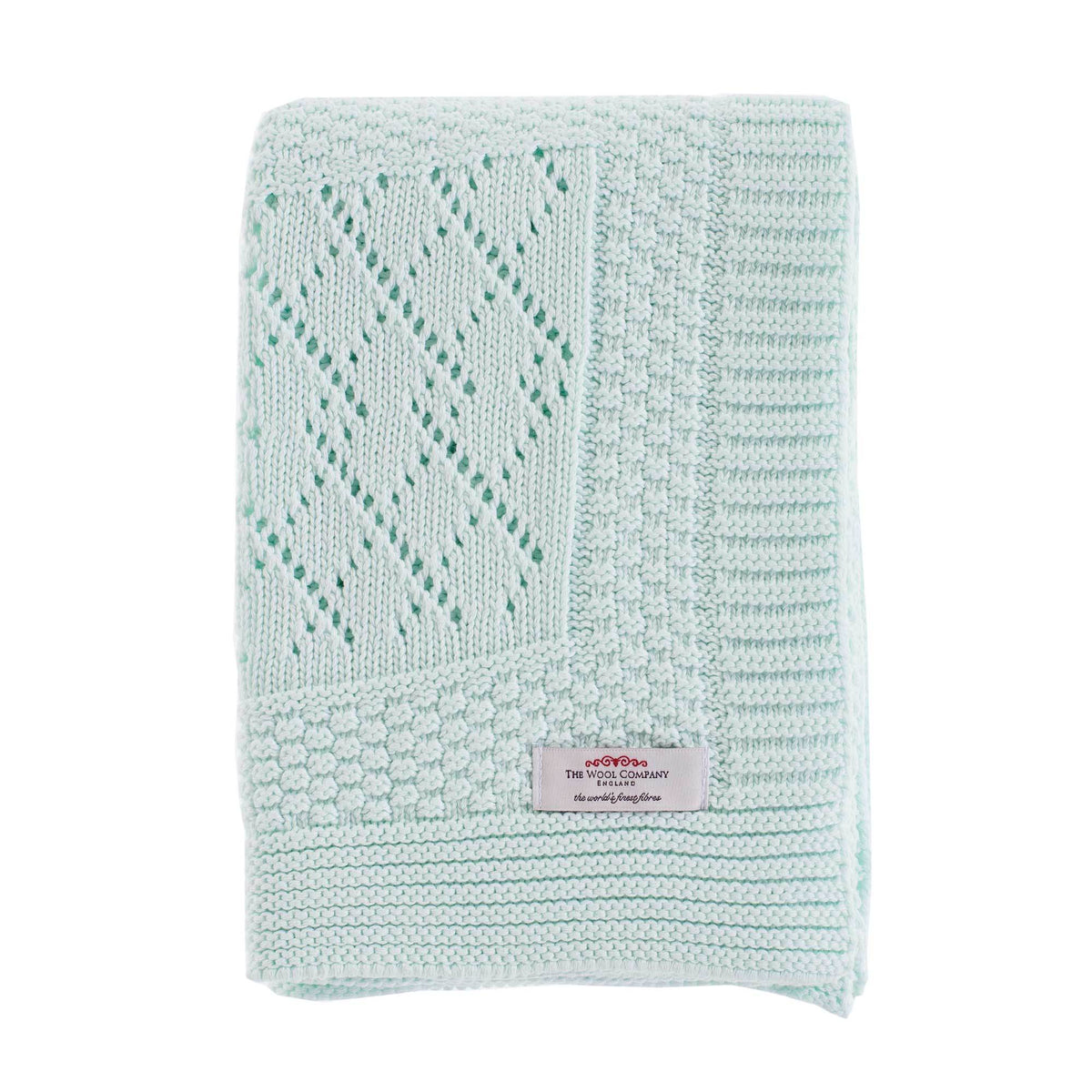 100% softest cotton intricate knitted mint green baby blanket cosy & perfect for all seasons top-quality By The Wool Company