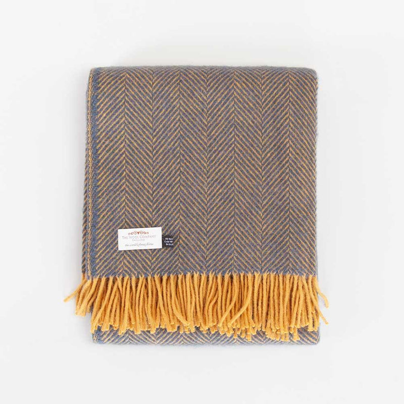 100% pure new wool British-made throw in navy blue and mustard yellow herringbone top-quality From The Wool Company