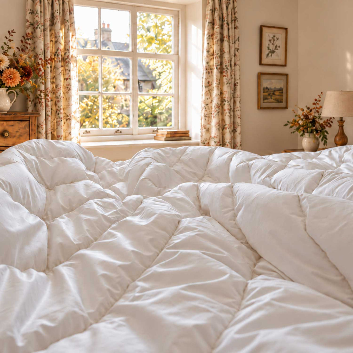 An All-British Finest Wool Duvet on a bed in and English Country Cottage