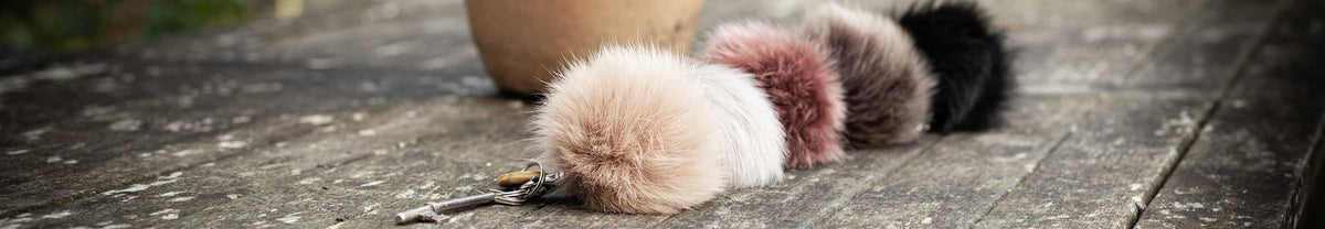 Luxury keyrings in five colour ways made in Somerset from 100% Toscana sheepskin, and other fluffy keychains.