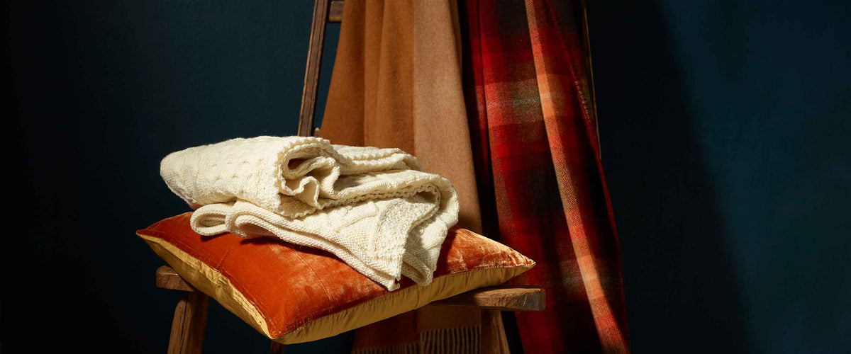 Knitted throws are warm, soft, and practical. Natural colours in wonderfully chunky designs, very durable, and long-lasting.