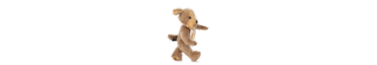 Digby Dog teddy bear, stands at 9 inches tall. Fully jointed; soft sandy-gold and truffle mohair, with light stone felt paws.