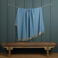 Topaz Blue Shetland Wool Throw, Herringbone pattern, cream fringing, size is 140 CMS by 185 CMS.