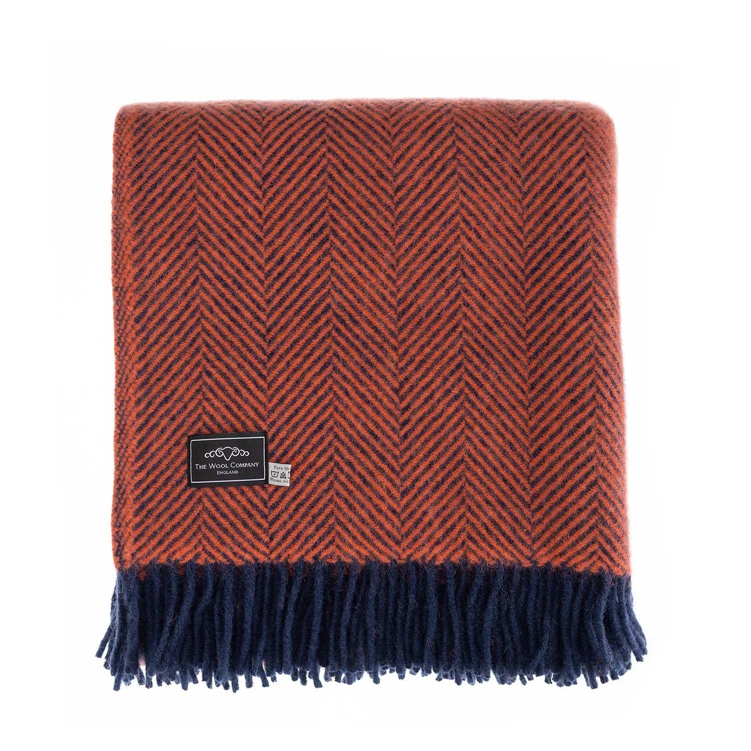 Pure New Wool Herringbone Throw Coral & Navy