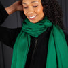 Luxuriously soft merino and silk shawl in emerald green twill weave with a soft fine fringe generous size light and airy beautifully warm best-quality