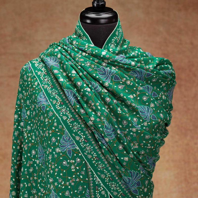 Sozni Hand Embroidered Cashmere Pashmina Emerald