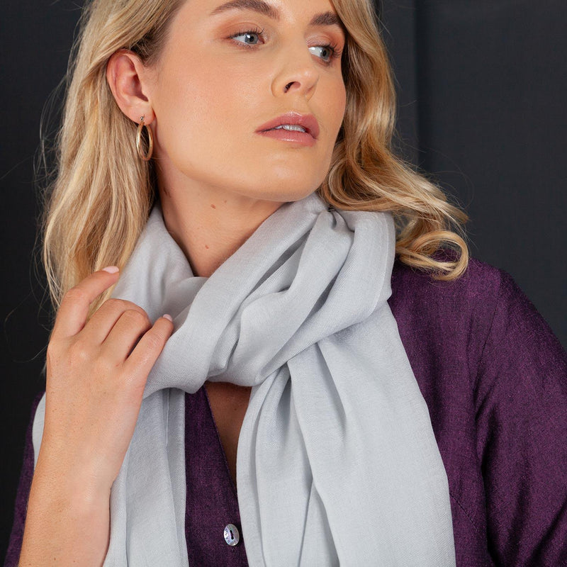 Luxuriously soft merino and silk shawl in silver twill weave with a soft fine fringe generous size light and airy  beautifully warm best-quality