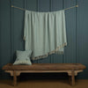 Shetland Wool Throw in Duck Egg Green colour, herringbone pattern with fringe top and bottom, size is 140 CMS by 185 CMS. 