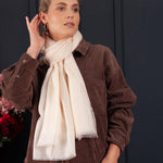 Luxuriously soft merino and silk shawl in oyster twill weave with a soft fine fringe generous size light and airy beautifully warm best-quality