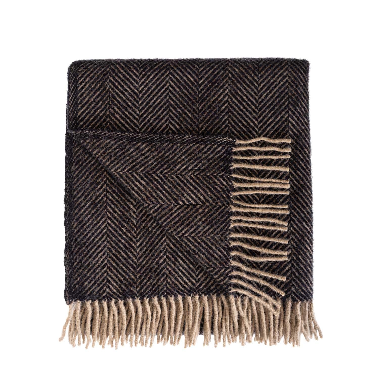 Pure New Wool Herringbone Throw Ebony & Tan