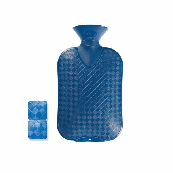 A royal  blue hot water bottle featuring a diamond-textured surface and a secure plastic screw top, with a generous 2-litre capacity, made from thermoplastic. Size 32 x 19 x 6 CMS.