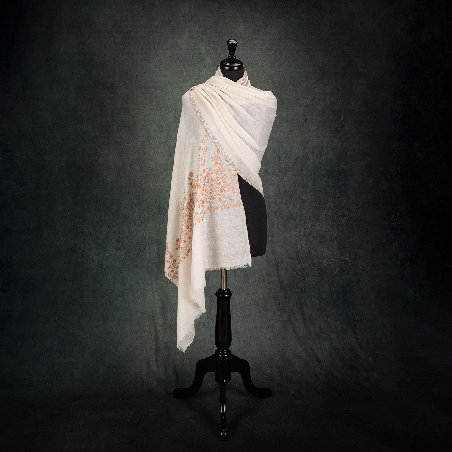 Spring of Kashmir Stole Orange Hand Embroidery