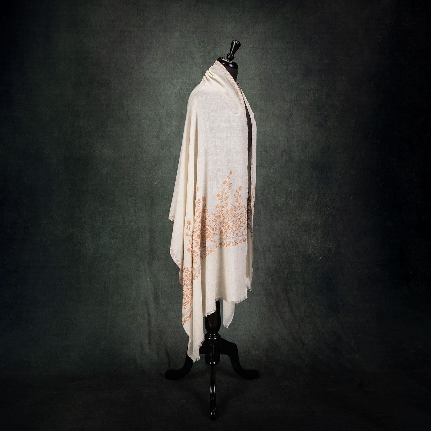 Spring of Kashmir Stole Orange Hand Embroidery