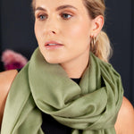 Luxuriously soft merino and silk shawl in khaki twill weave with a soft fine fringe generous size light and airy beautifully warm best-quality