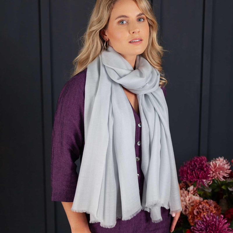 Luxuriously soft merino and silk shawl in silver twill weave with a soft fine fringe generous size light and airy  beautifully warm best-quality