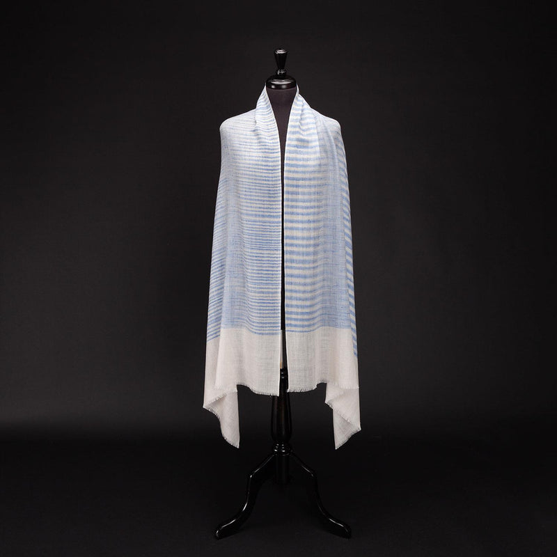 Ikat Pashmina Wrap 'Clouds of Ladakh' Blue Stripe