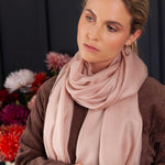Luxuriously soft merino and silk shawl in rose gold twill weave with a soft fine fringe generous size light and airy beautifully warm best-quality