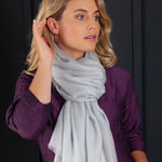 Luxuriously soft merino and silk shawl in silver twill weave with a soft fine fringe generous size light and airy  beautifully warm best-quality