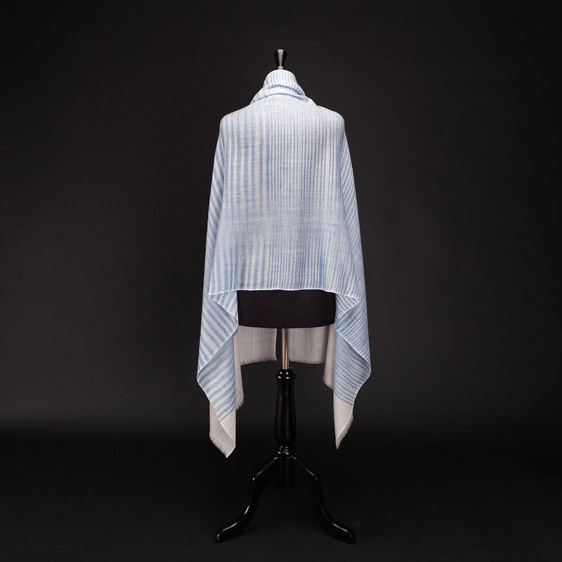 Ikat Pashmina Wrap 'Clouds of Ladakh' Blue Stripe