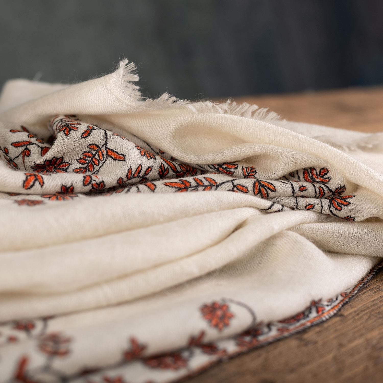 Spring of Kashmir Stole Black & Orange Hand Embroidery