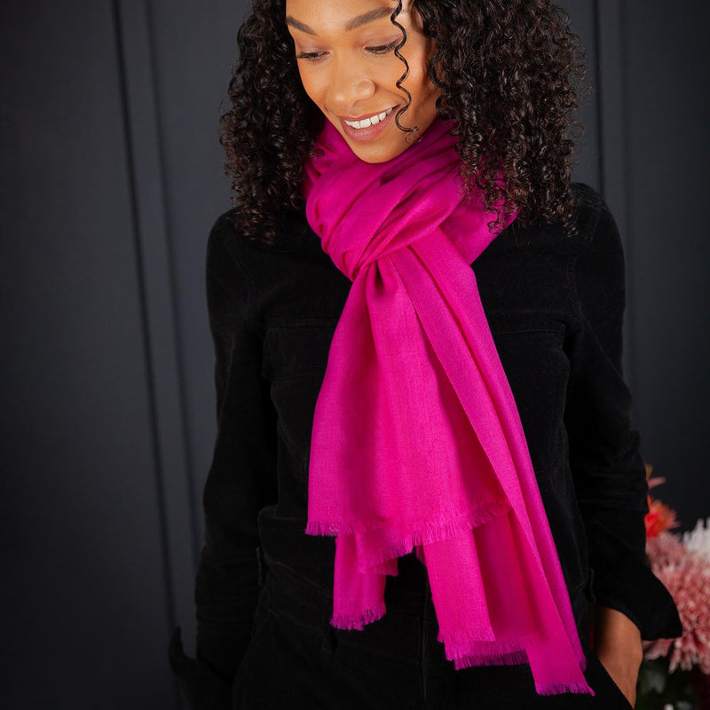 Luxuriously soft merino and silk shawl in fuchsia twill weave with a soft fine fringe generous size light and airy beautifully warm best-quality By The Wool Company