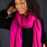 Luxuriously soft merino and silk shawl in fuchsia twill weave with a soft fine fringe generous size light and airy beautifully warm best-quality