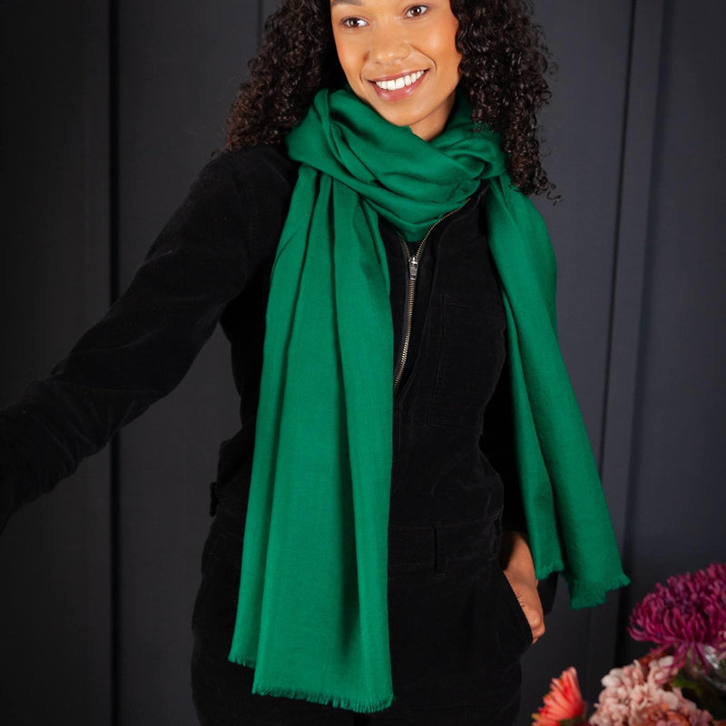 Luxuriously soft merino and silk shawl in emerald green twill weave with a soft fine fringe generous size light and airy beautifully warm best-quality By The Wool Company